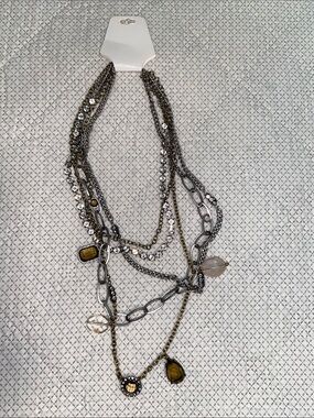 Multi-Strand Mixed Metal Necklace with Amber and Crystal Accents